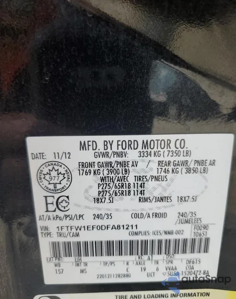 2013 Ford F150 Supercrew z USA, uszkodzony, nr VIN 1FTFW1EF0DFA81211